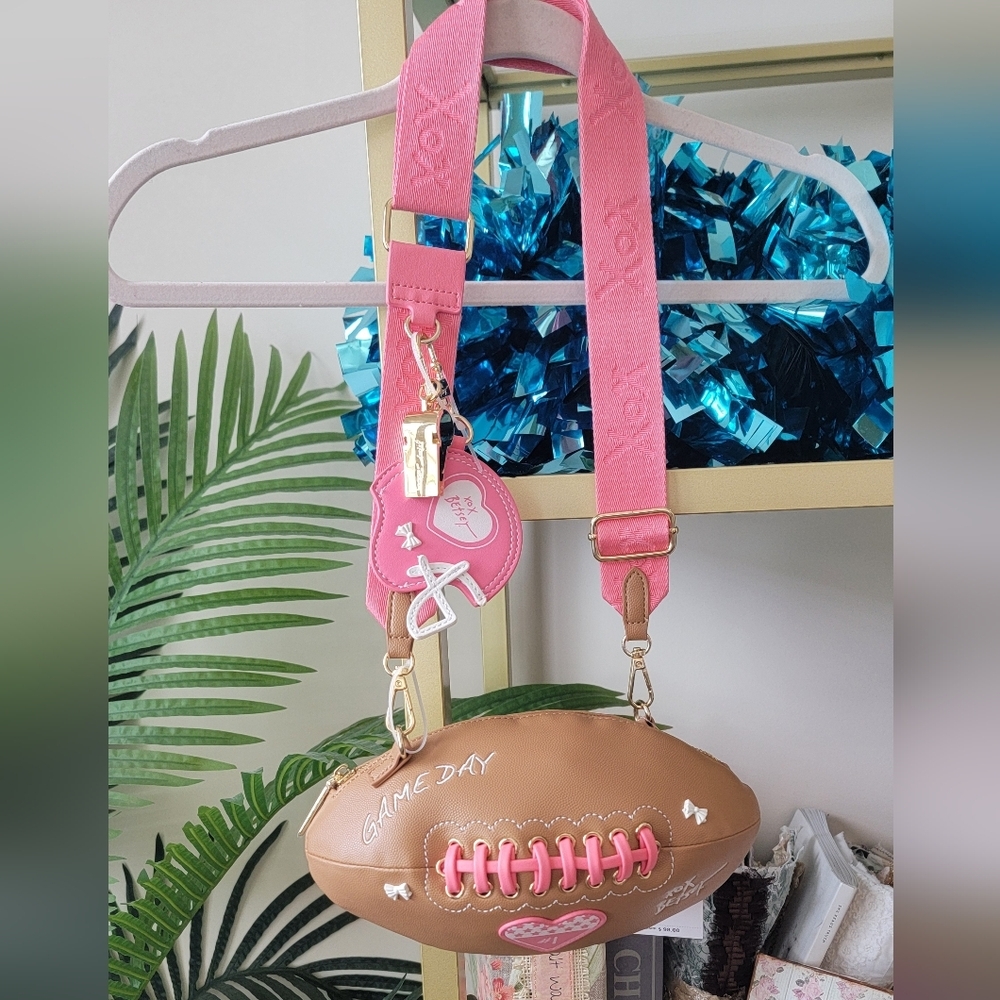 NWT Betsy Johnson Pink, White and Brown Game Day Football Crossbody Purse / Bag - Picture 3 of 8